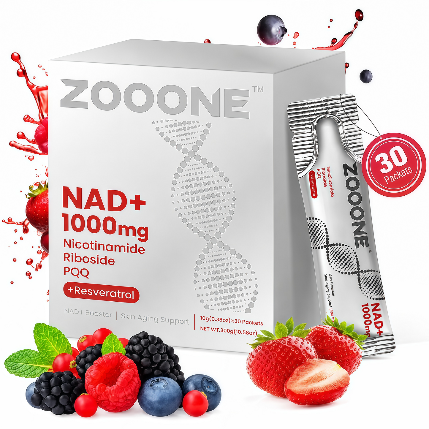 ZOOONE NAD+ Liquid Packets 1000mg, NMN Supplement Alternative with Aging-Supportive Resveratrol, CoQ10, D-Ribose & PQQ for Cellular Energy, 30 On-The-Go Single Serve Packets