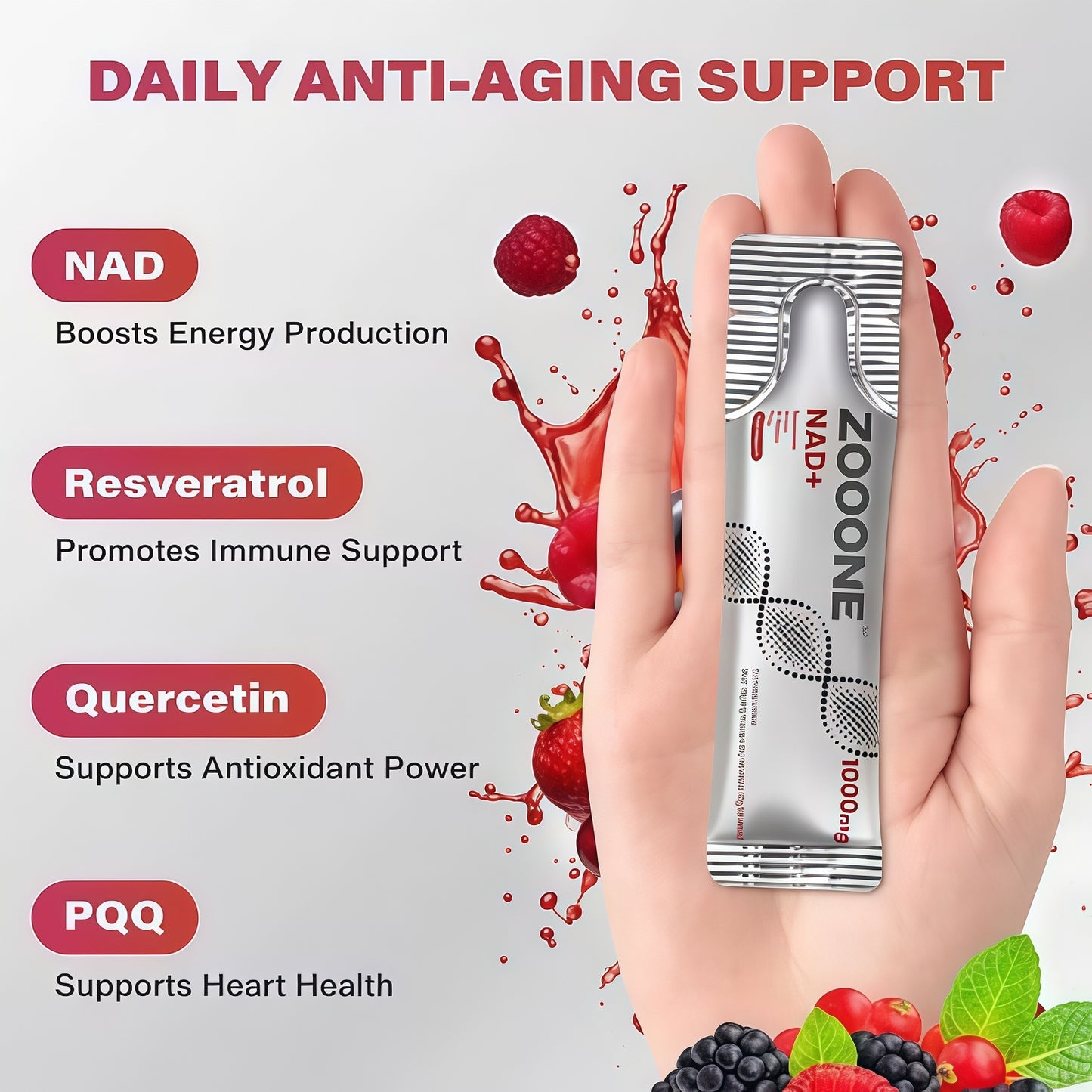 ZOOONE NAD+ Liquid Packets 1000mg, NMN Supplement Alternative with Aging-Supportive Resveratrol, CoQ10, D-Ribose & PQQ for Cellular Energy, 30 On-The-Go Single Serve Packets