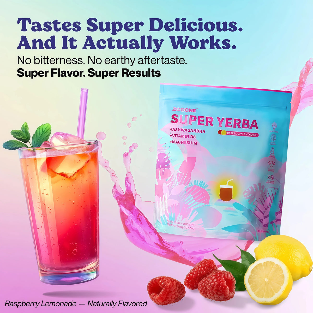 ZOOONE Super Yerba Mate tea Instant Powder 30 Packets- Raspberry Lemonade Flavor | Servings Clean Energy & Focus Boost Brain Fog Buster| Gut Support, Antioxidants