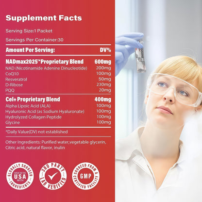 ZOOONE NAD+ Liquid Packets 1000mg, NMN Supplement Alternative with Aging-Supportive Resveratrol, CoQ10, D-Ribose & PQQ for Cellular Energy, 30 On-The-Go Single Serve Packets
